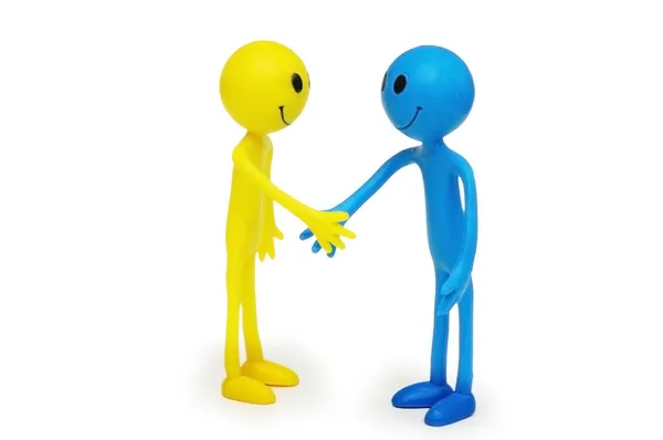 Two smilies shaking hands isolated on white — Stock Photo, Image