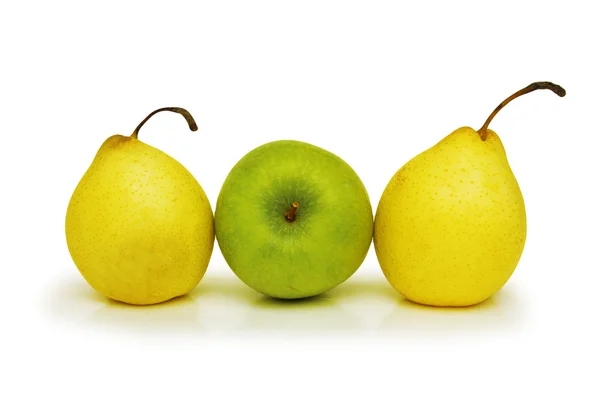 Two yellow pears and green apple isolated on white — Stock Photo, Image