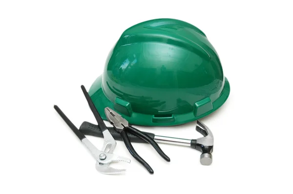 Varias herramientas y casco DYI aislados en blanco —  Fotos de Stock