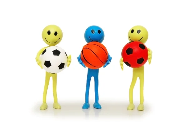 Three smilies with footballs and basketballs isolated on white — Stock Photo, Image