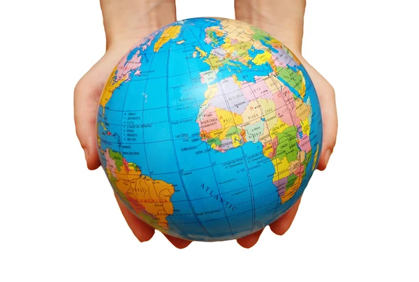 Pair of hands holding the globe isolated on white — Stock Photo, Image