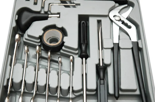 Kit de herramientas con varias herramientas aisladas en blanco —  Fotos de Stock