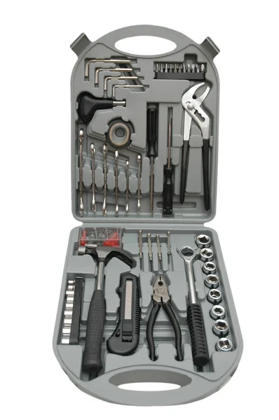 Caja de herramientas con varias herramientas aisladas en blanco —  Fotos de Stock