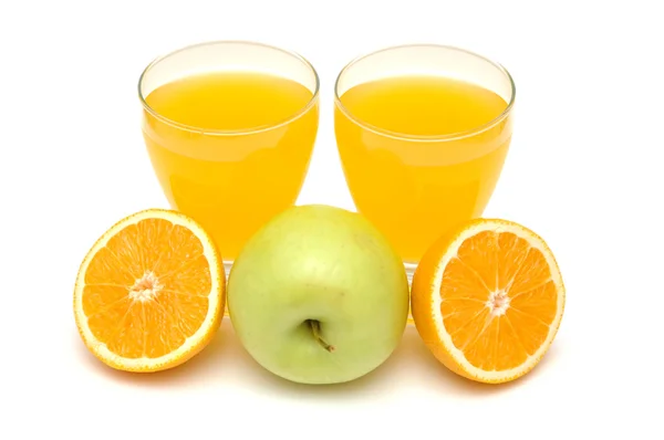 Oranges, juice and apple isolated on white — Stock Photo, Image