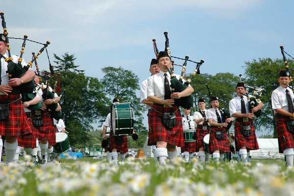 Marchando banda escocesa marchin na grama — Fotografia de Stock
