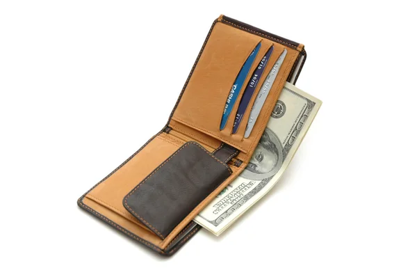 Відкритий гаманець з доларами ізольовано на білому — стокове фото