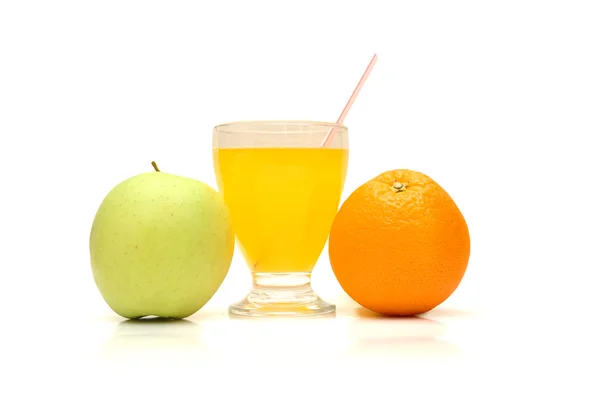 Apple, orange and juice with straw isolated on white — Stock Photo, Image
