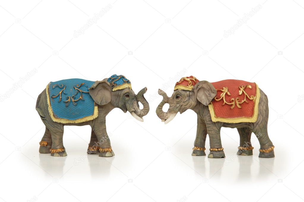 Two elephants facing each other isolated on white