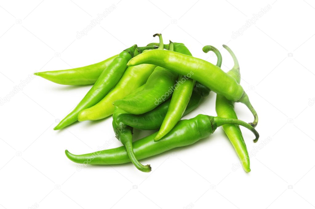 Green chili peppers isolated on white