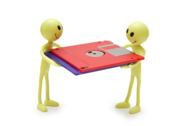 Two smilies holding floppy disks isolated on white clipart