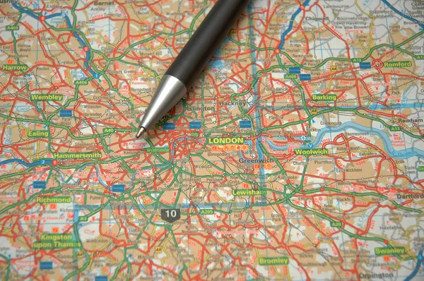 Στυλό και ένα χάρτη του κεντρικού Λονδίνου — Φωτογραφία Αρχείου