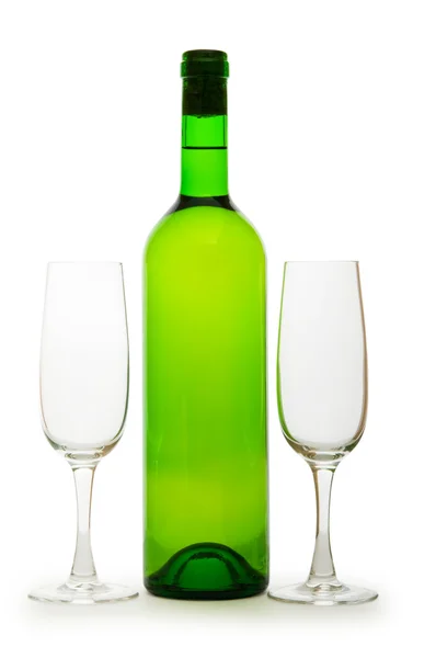 Bottiglia e vetro isolati sul bianco — Foto Stock