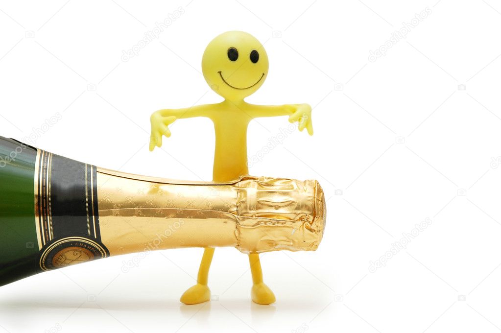 Bottle of champagne and figure of Smiley
