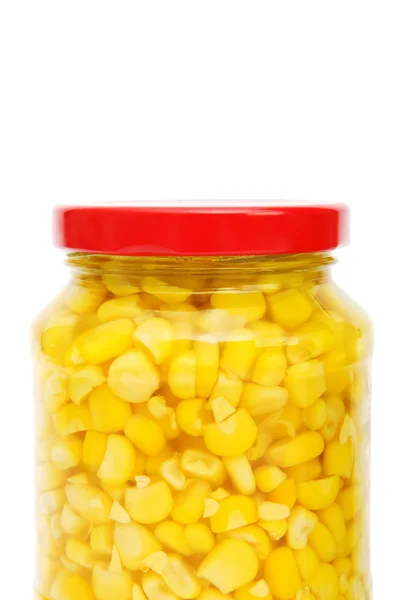 Sweet corn in glass jar isolated on white — Stock Photo, Image