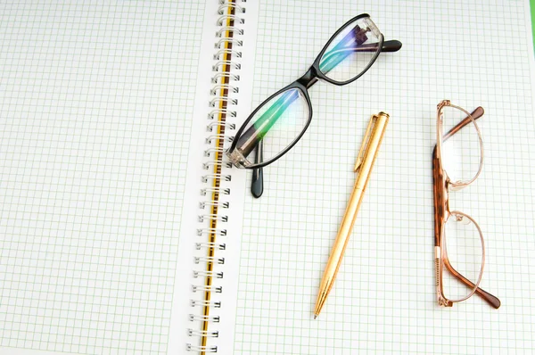 Ручка и очки на странице — стоковое фото