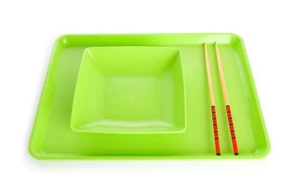Concepto de comida asiática con plato y palillos — Foto de Stock