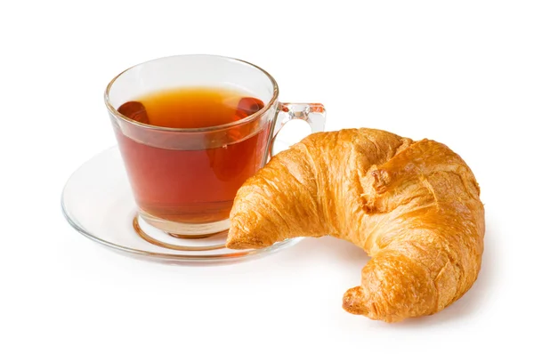 Tea and croissants on the reflective background — Stock Photo, Image