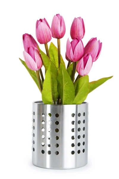 Pot of colorful tulips isolated on white — Stock Photo, Image
