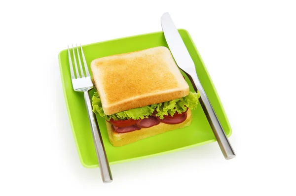 Lekkere sandwich geïsoleerd op de witte achtergrond — Stockfoto
