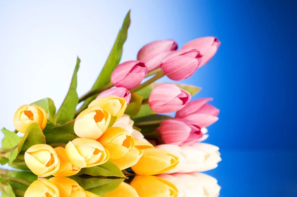 Buquê de tulipas coloridas na mesa — Fotografia de Stock