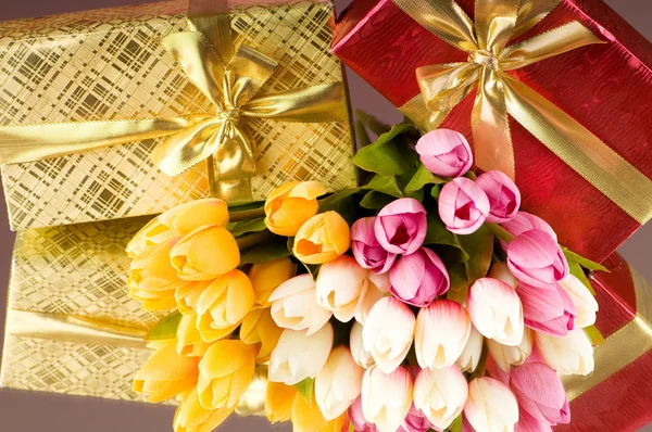 Celebration Concept Gift Box Tulip Flowers — Stock Photo, Image