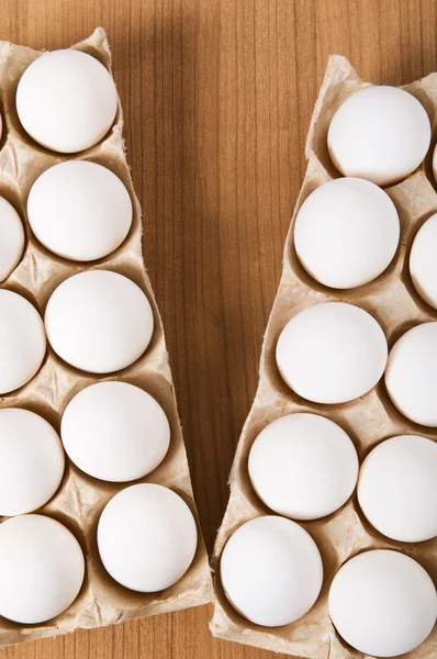 Muchos Huevos Blancos Mesa Madera —  Fotos de Stock