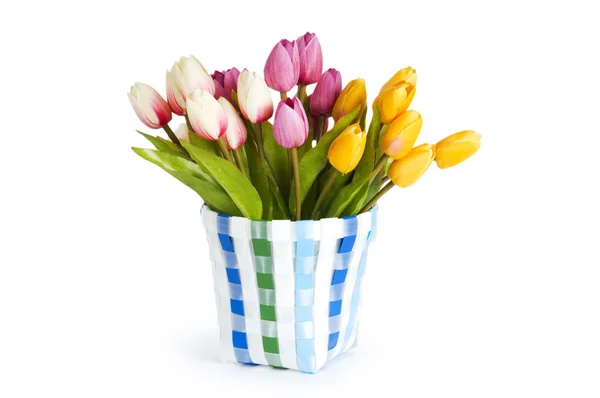 Topf mit bunten Tulpen isoliert auf weiß — Stockfoto
