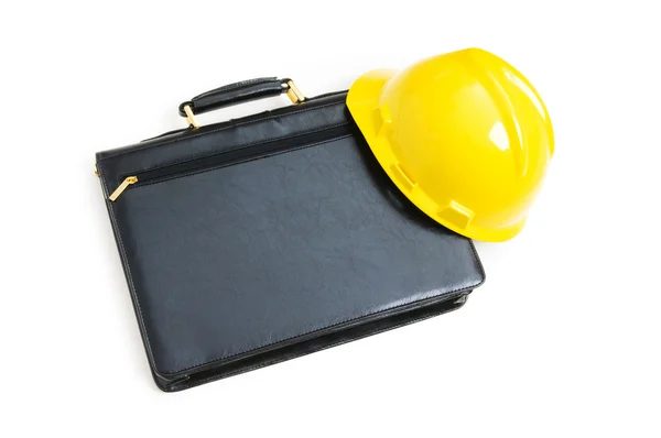 Construction concept - case and hard hat isolated on white — Stock Photo, Image