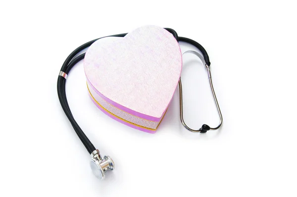 Beyaz izole stetoskop ve hediye kutusu — Stok fotoğraf