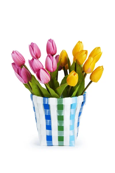 Pot de tulipes colorées isolé sur blanc — Photo