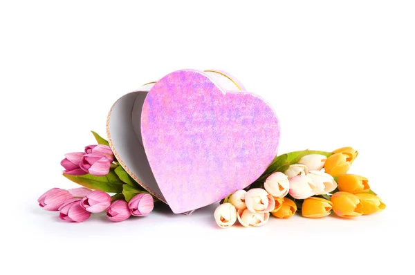 Festkonzept Geschenkbox Und Tulpenblumen — Stockfoto