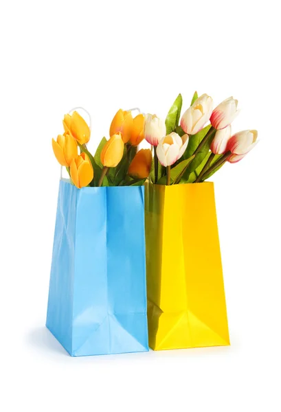 Tulips Shopping Bag Isolated White — Stock Photo, Image