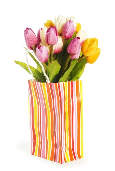 Tulpen Einkaufstasche Isoliert Auf Weiß — Stockfoto