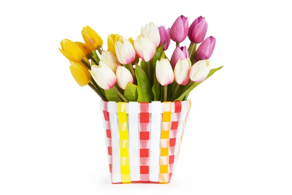 Topf mit bunten Tulpen isoliert auf weiß — Stockfoto