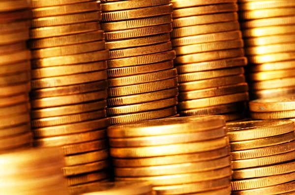 Close up of the golden coin stacks — Stock Photo, Image