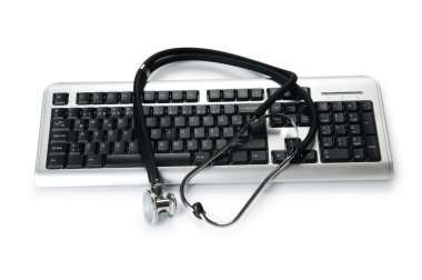 Stethoscope and keyboard illustrating concept of digital security clipart