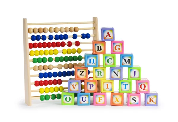 Alfabet block och abacus isolerad på vit — Stockfoto