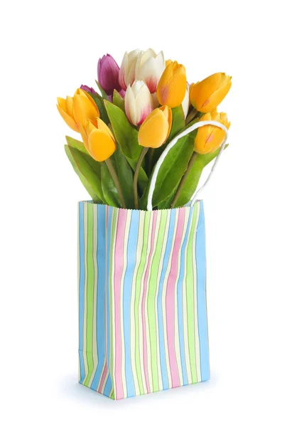 Tulips Shopping Bag Isolated White — Stock Photo, Image