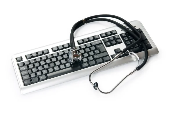 Stethoskop und Tastatur veranschaulichen Konzept der digitalen Sicherheit — Stockfoto