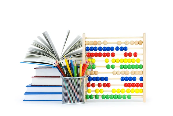 Onderwijs Concept Met Pennen Boeken Abacus — Stockfoto