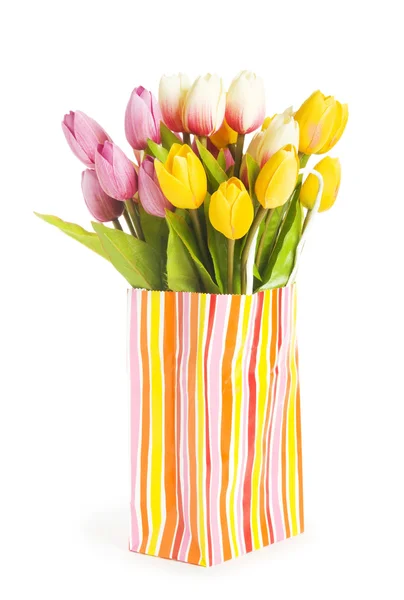 Tulips in shopping bag isolated on white — Stock Photo, Image