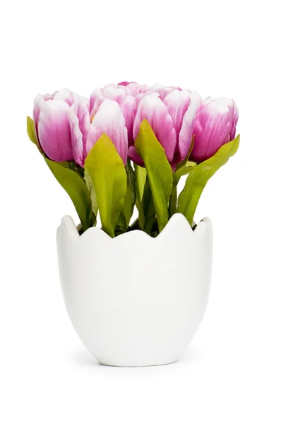 Bunte Tulpenblüten im weißen Topf — Stockfoto