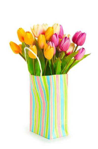 Tulipany Torba Zakupy Białym Tle — Zdjęcie stockowe