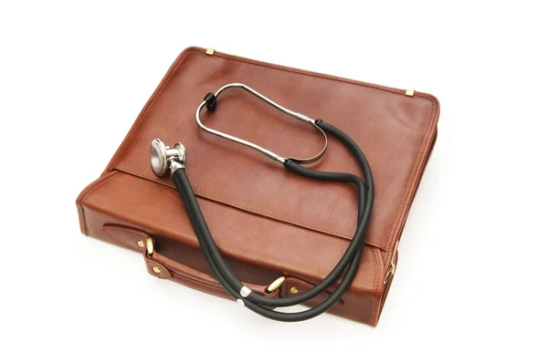 Old Brown Leather Doctors Bag And Stethoscope Stock Photo