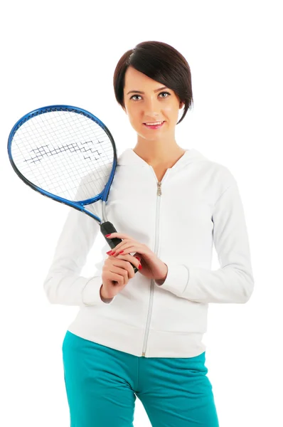 Young girl with tennis racket and bal isolated on white — Stock Photo, Image