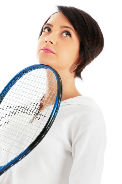 Gadis muda dengan raket tenis dan bal terisolasi di atas putih — Stok Foto