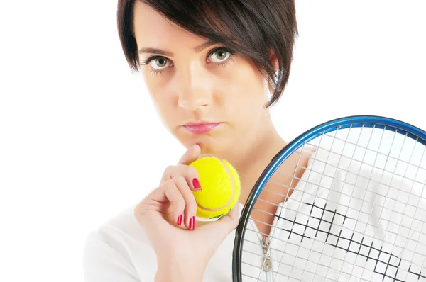 Молодая Девушка Теннисной Ракеткой Бал Изолированы Белом — стоковое фото