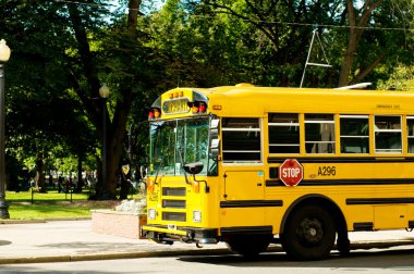 Yellow school bus on the street clipart