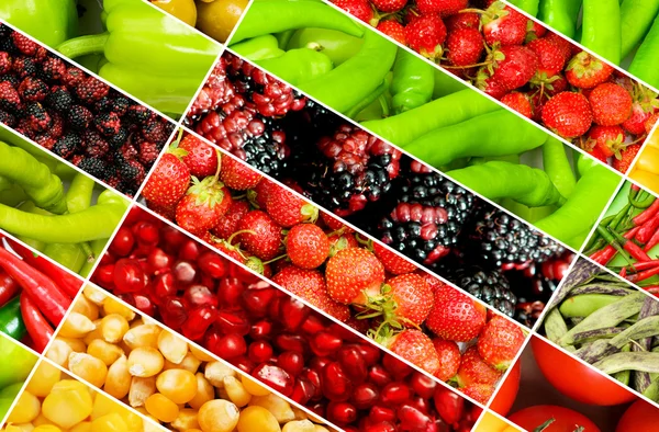 Collage av många olika frukter och grönsaker — Stockfoto