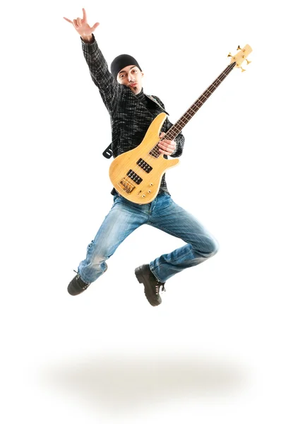 Guitar player jumping in the air — Stock Photo, Image
